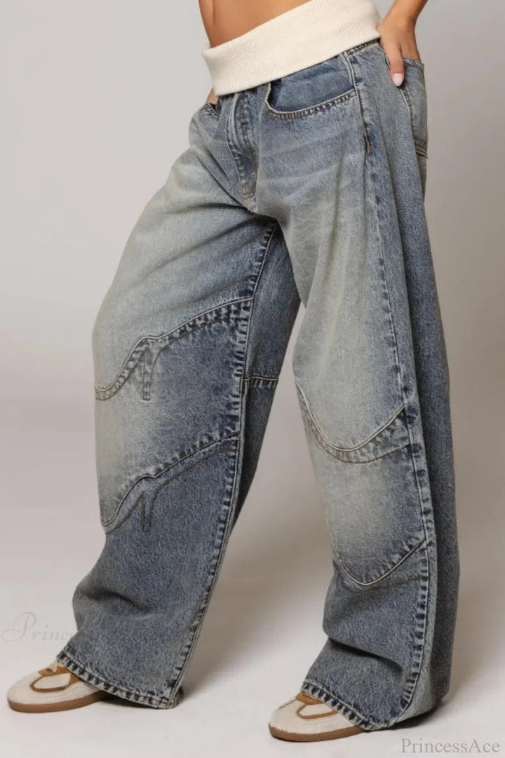 Women's washed blue wide leg jeans