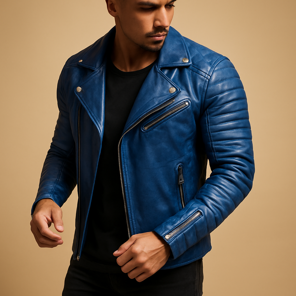 Men's biker jacket with quilted sleeves, lapels and zipped pockets