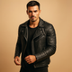 Men's biker jacket with quilted sleeves, lapels and zipped pockets