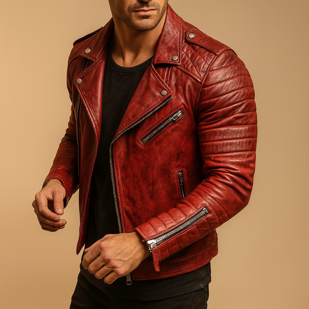 Men's biker jacket with quilted sleeves, lapels and zipped pockets