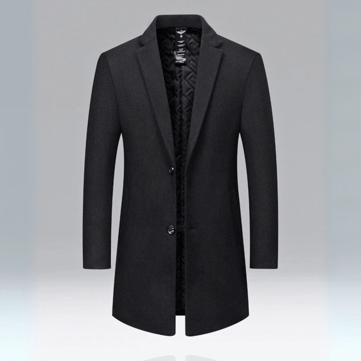 Men's long button-front overcoat with notched lapels and quilted lining
