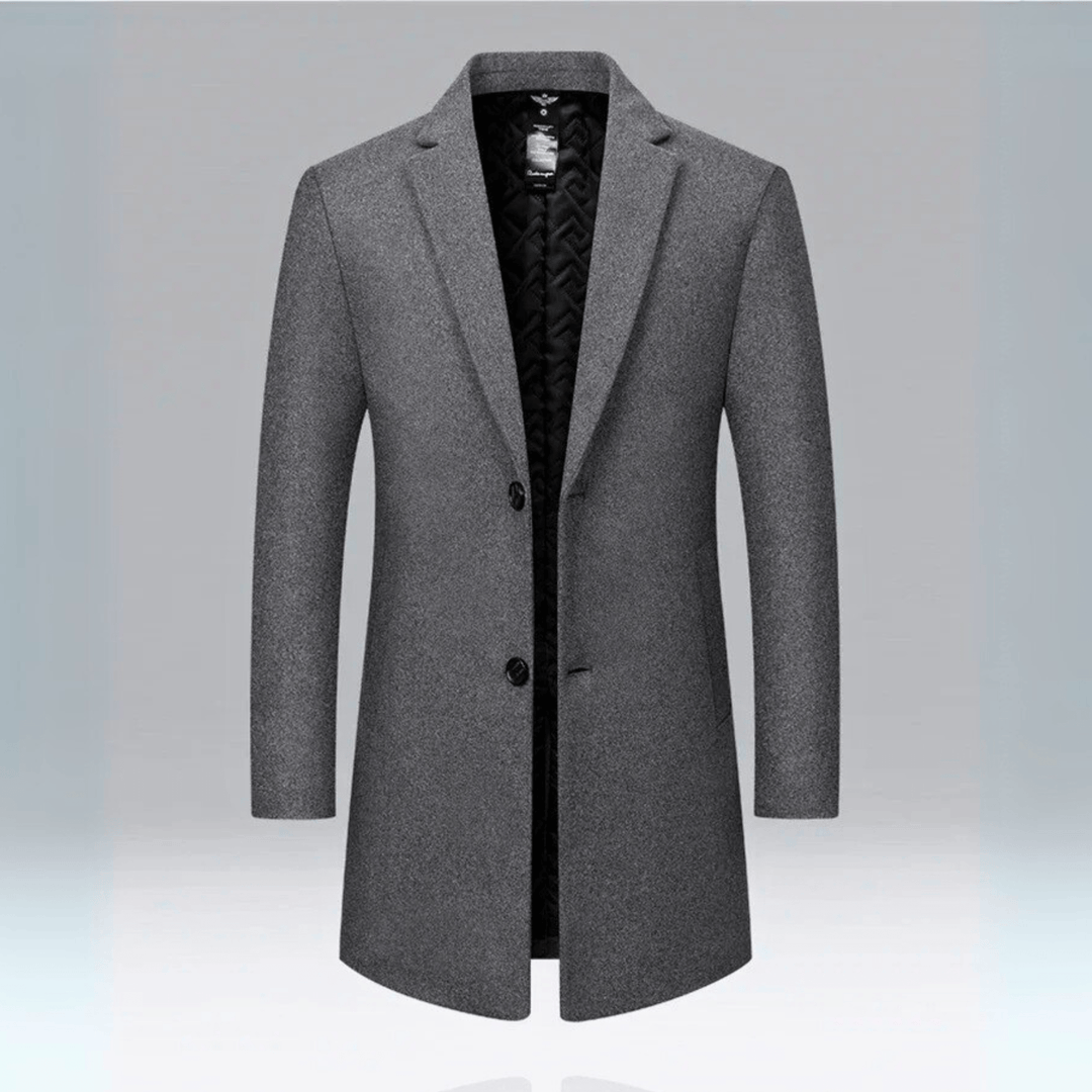 Men's long button-front overcoat with notched lapels and quilted lining
