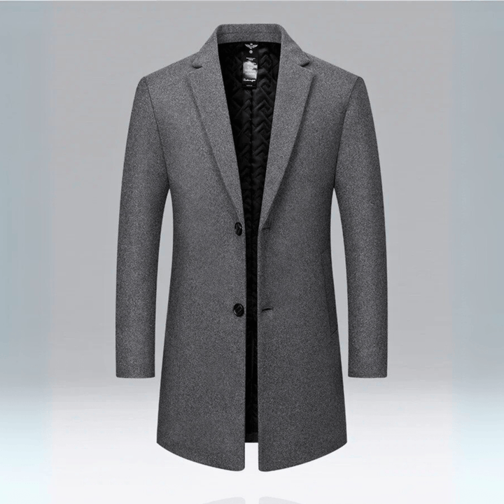 Men's long button-front overcoat with notched lapels and quilted lining