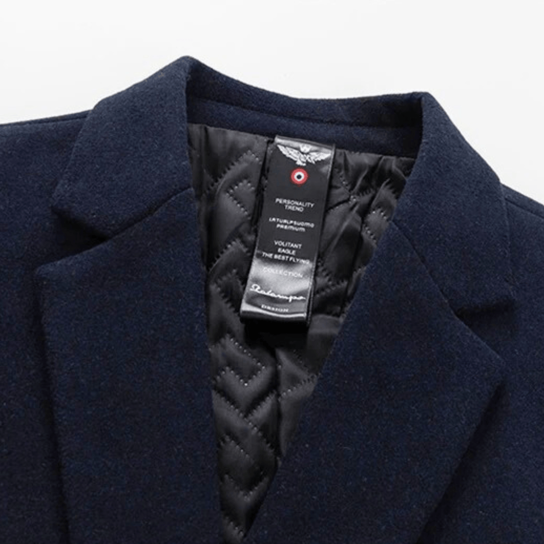 Men's long button-front overcoat with notched lapels and quilted lining