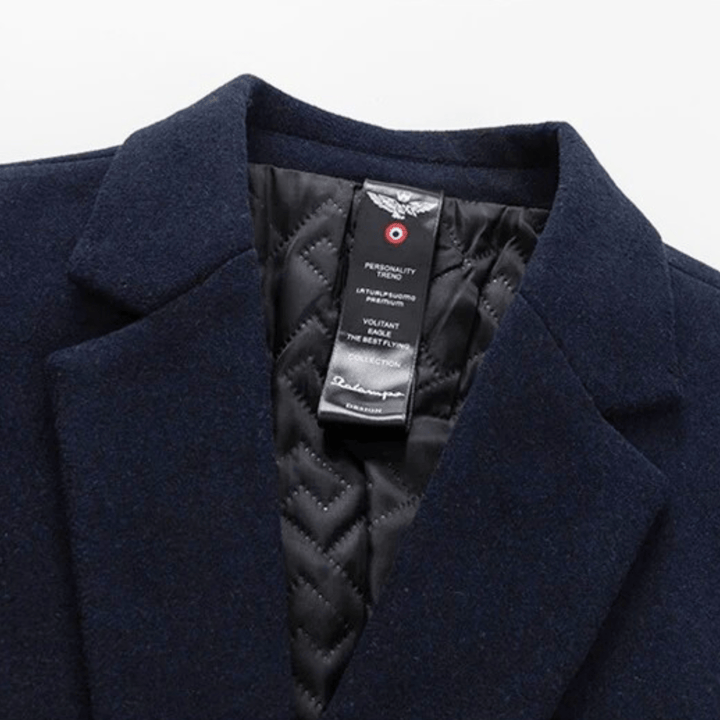 Men's long button-front overcoat with notched lapels and quilted lining