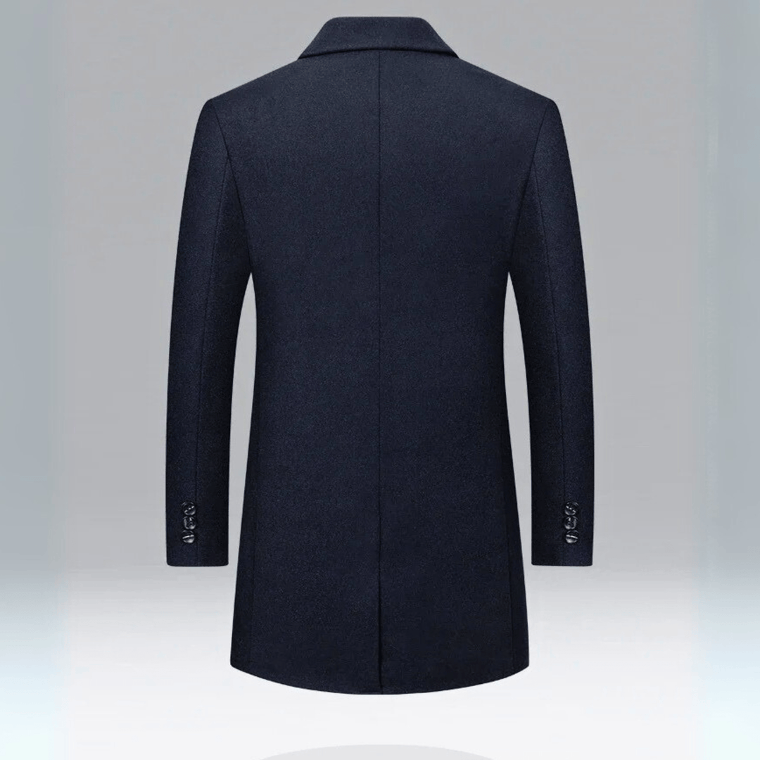 Men's long button-front overcoat with notched lapels and quilted lining