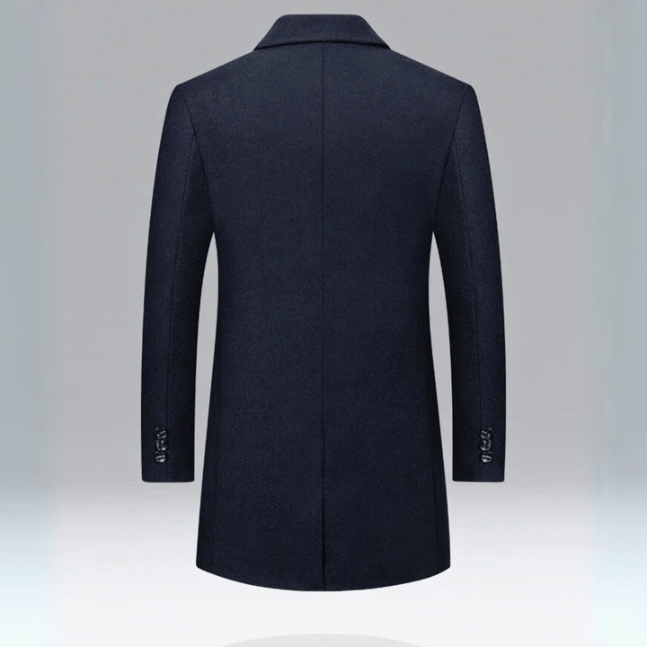 Men's long button-front overcoat with notched lapels and quilted lining