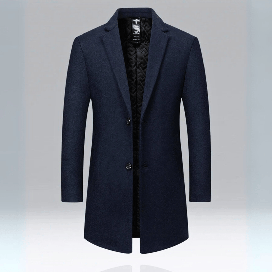 Men's long button-front overcoat with notched lapels and quilted lining