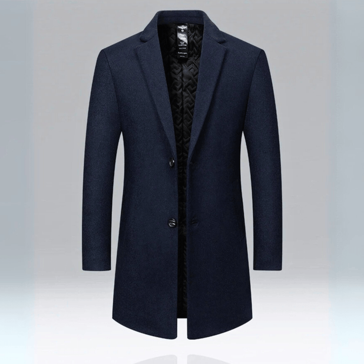 Men's long button-front overcoat with notched lapels and quilted lining