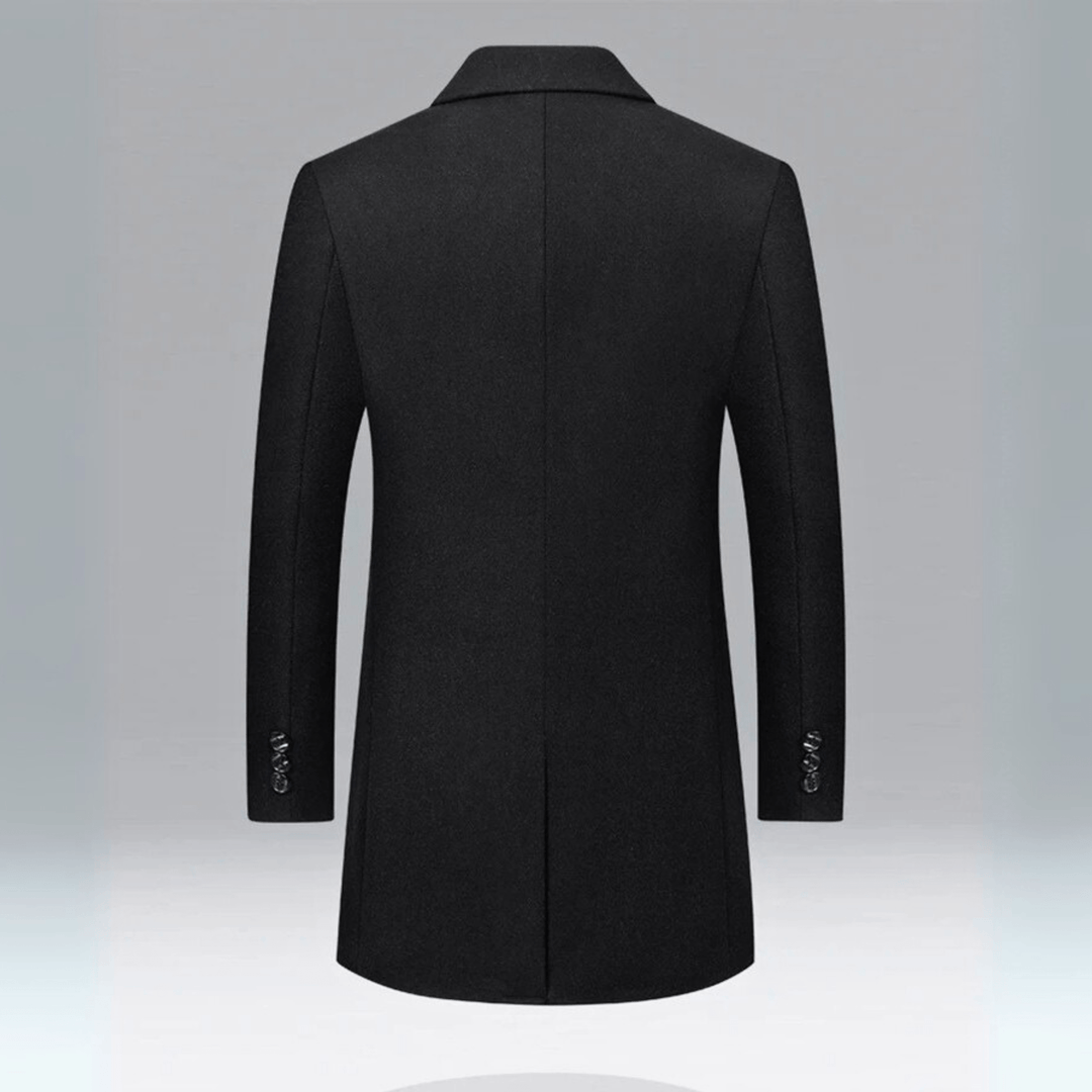 Men's long button-front overcoat with notched lapels and quilted lining