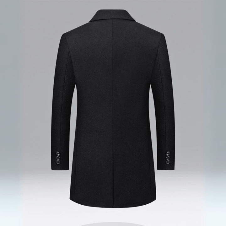 Men's long button-front overcoat with notched lapels and quilted lining