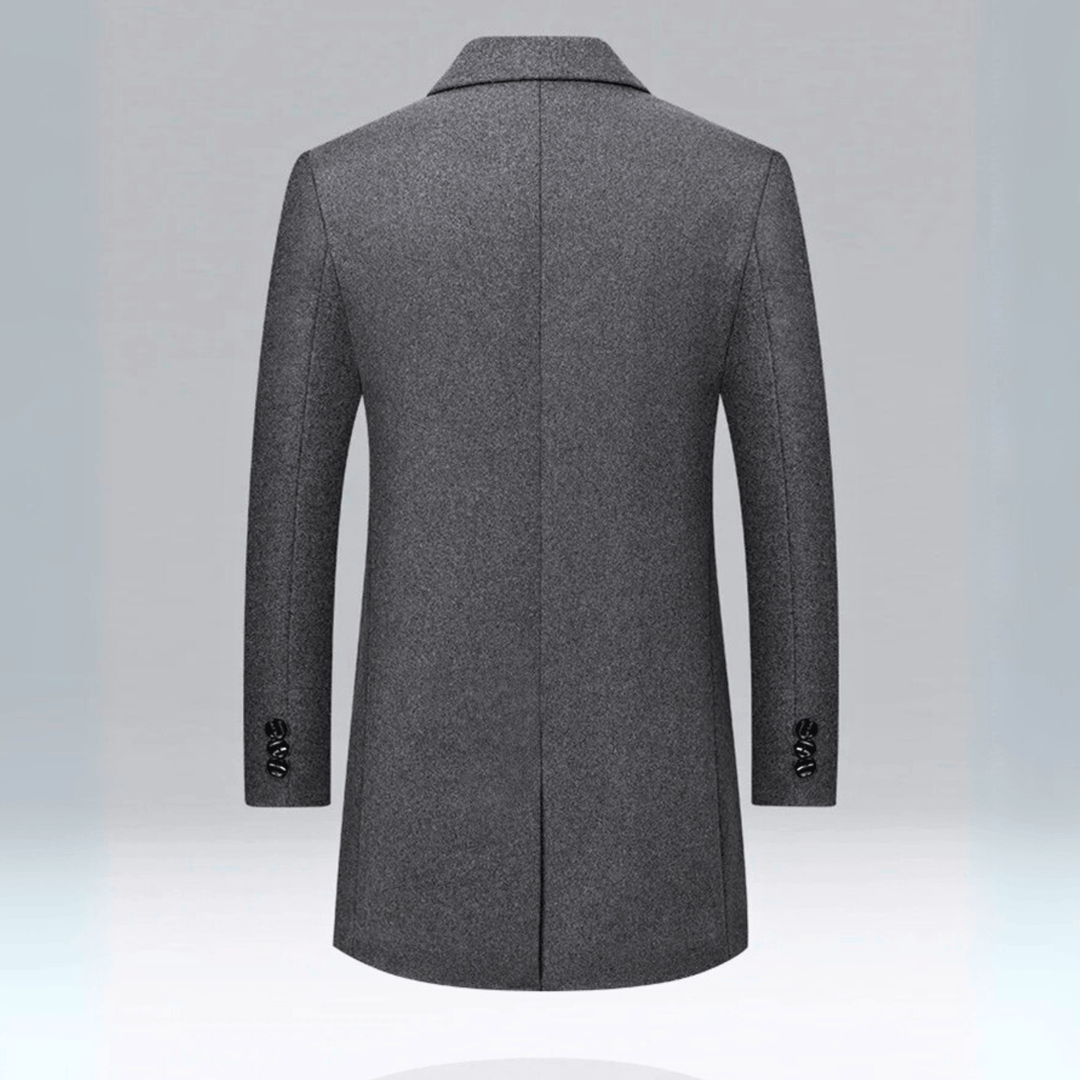 Men's long button-front overcoat with notched lapels and quilted lining