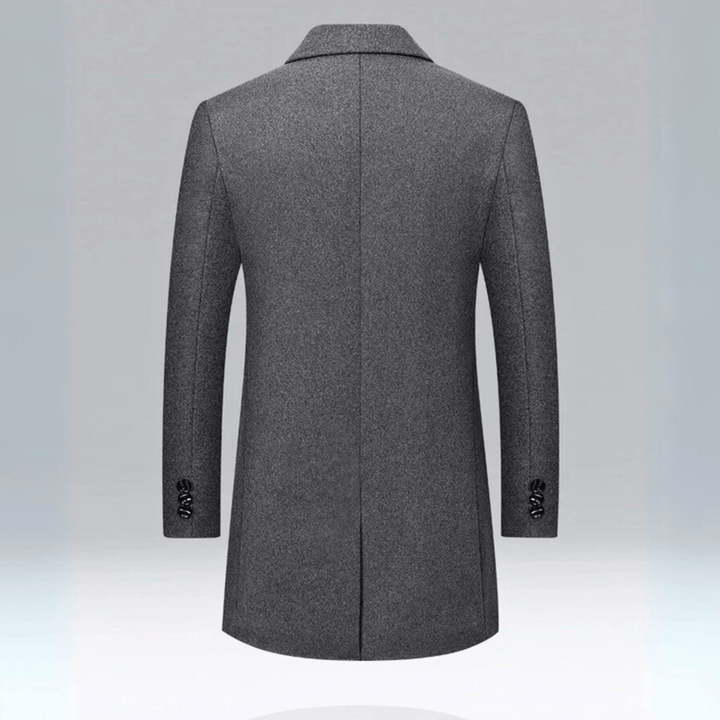 Men's long button-front overcoat with notched lapels and quilted lining