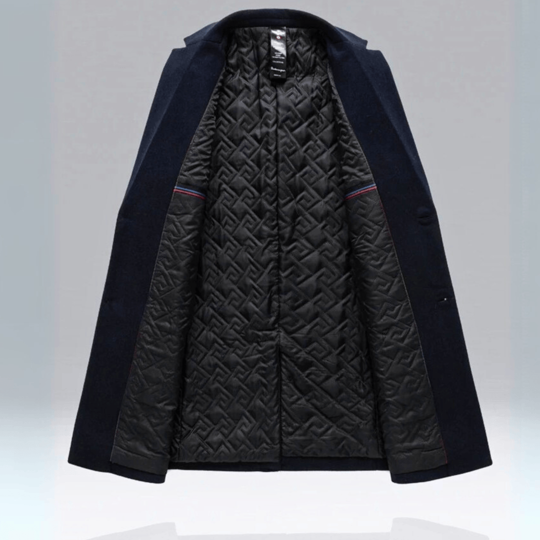 Men's long button-front overcoat with notched lapels and quilted lining
