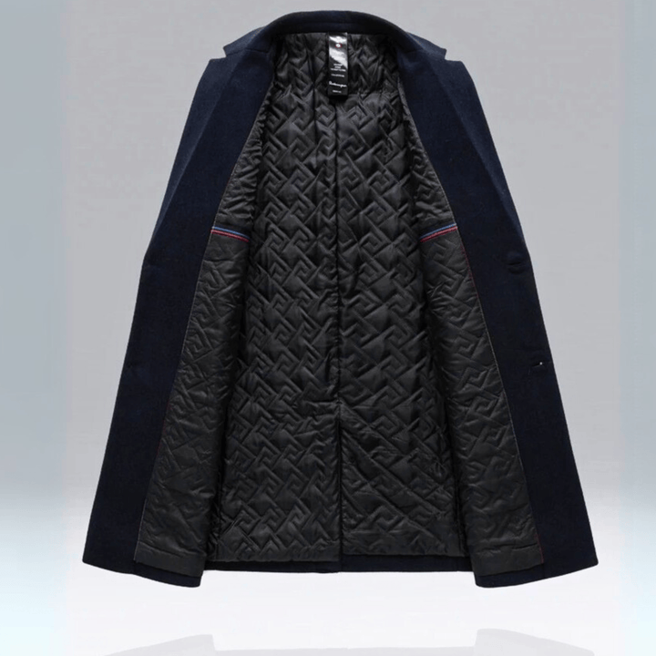 Men's long button-front overcoat with notched lapels and quilted lining