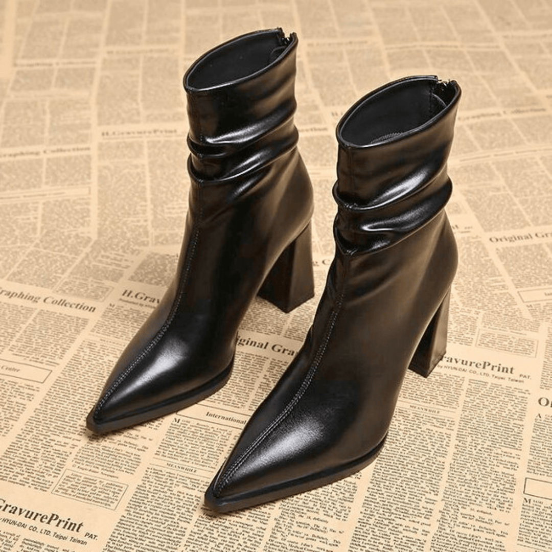 Pointed toe slouch ankle boots with high block heels and side zips