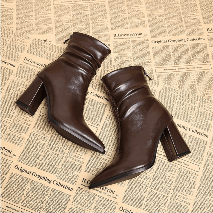 Pointed toe slouch ankle boots with high block heels and side zips