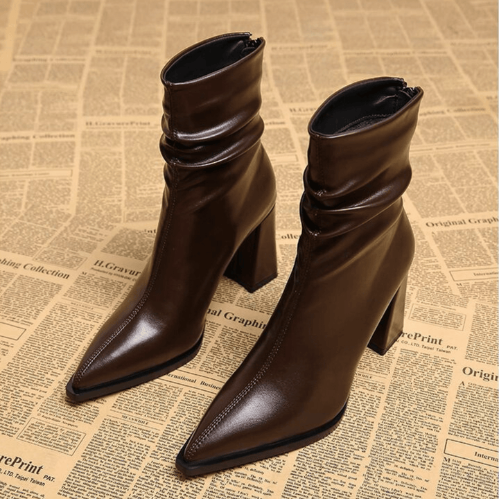 Pointed toe slouch ankle boots with high block heels and side zips
