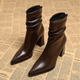 Pointed toe slouch ankle boots with high block heels and side zips