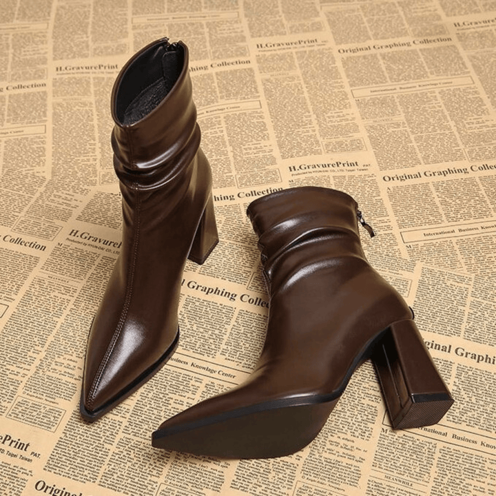 Pointed toe slouch ankle boots with high block heels and side zips