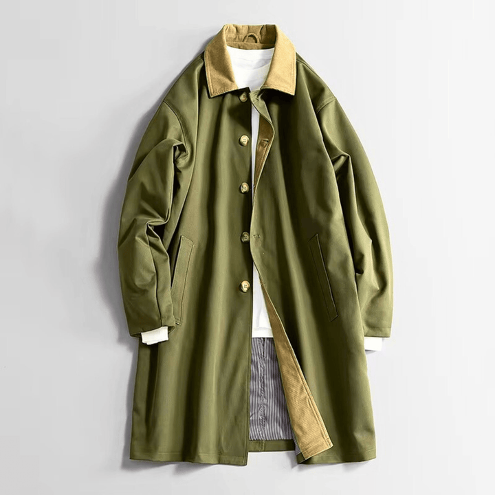 Long overcoat with contrast collar, button front and angled pockets