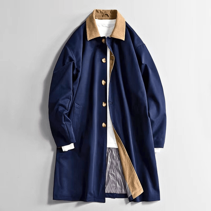 Long overcoat with contrast collar, button front and angled pockets