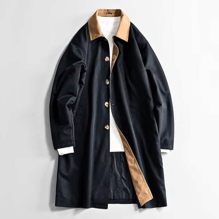 Long overcoat with contrast collar, button front and angled pockets
