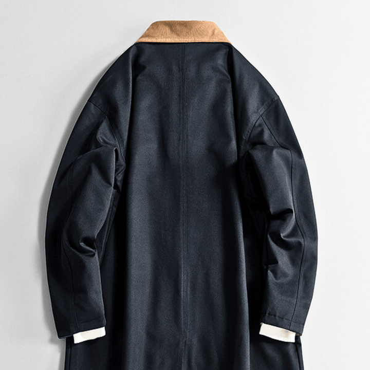 Long overcoat with contrast collar, button front and angled pockets