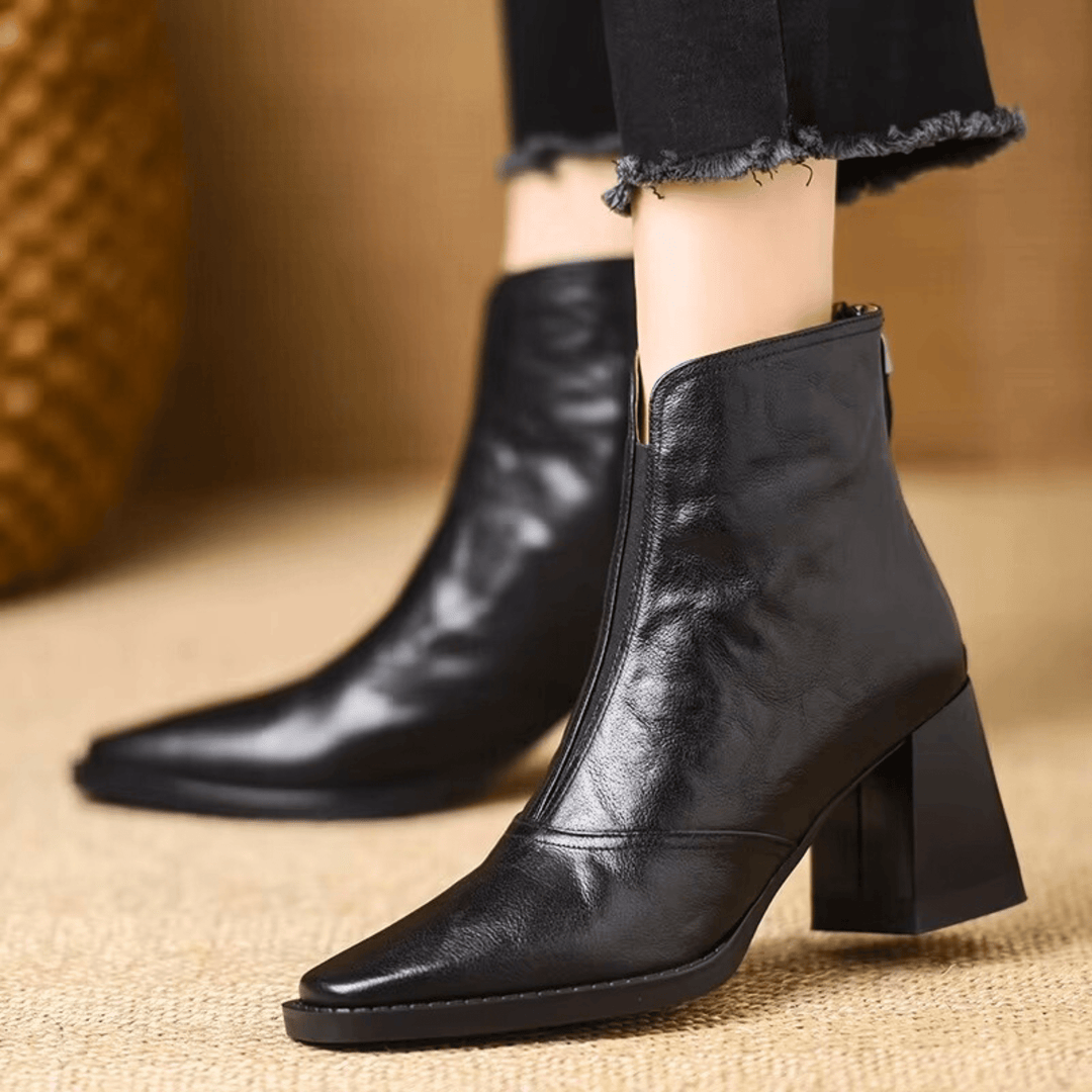 Women's ankle boots with almond toe and high block heel