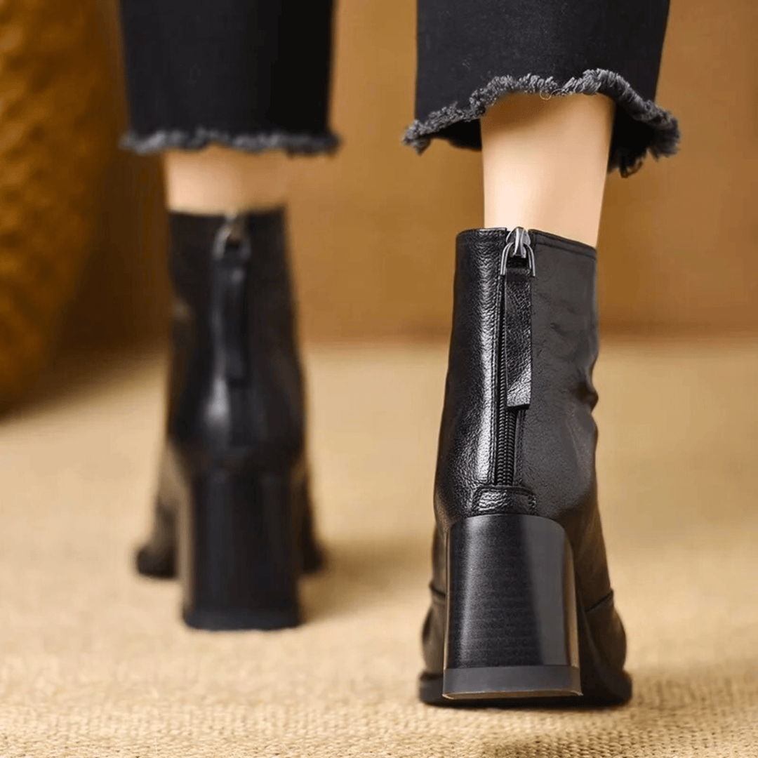 Women's ankle boots with almond toe and high block heel