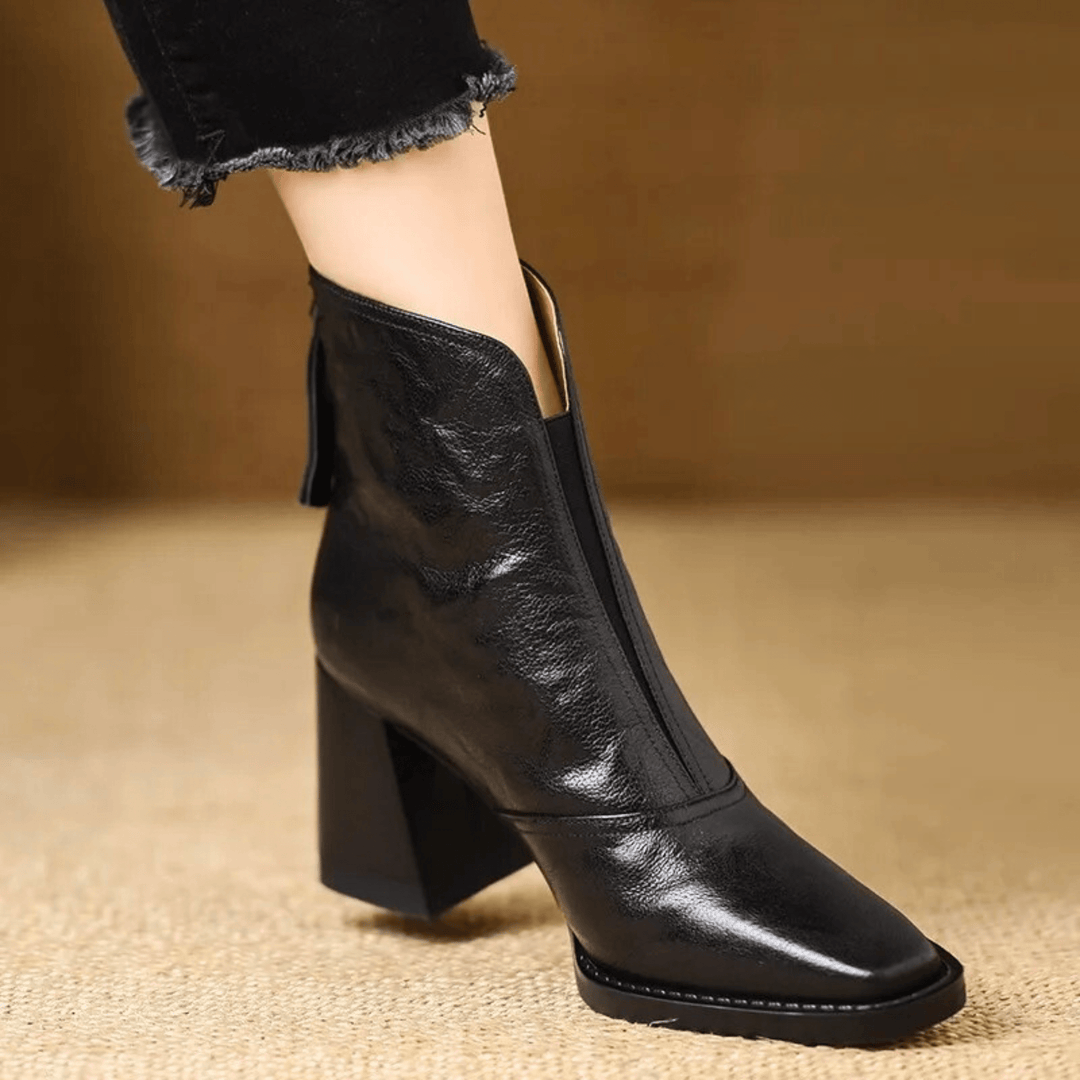 Women's ankle boots with almond toe and high block heel