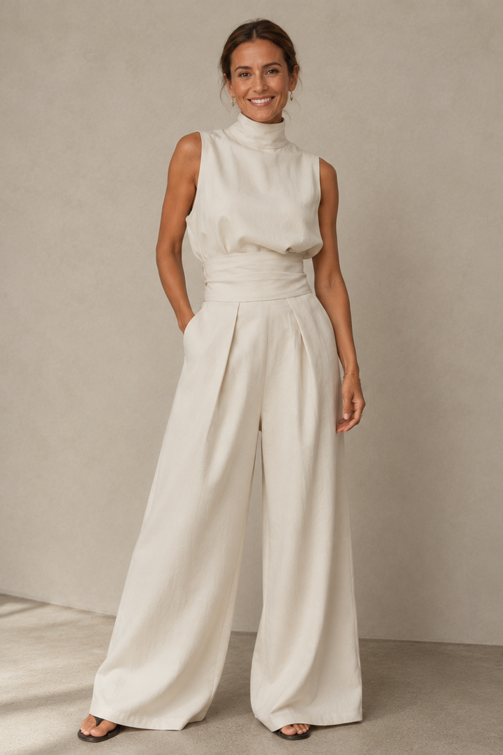Women's sleeveless turtleneck jumpsuit in olive green and cream, wide-leg tailored trousers, high waist.