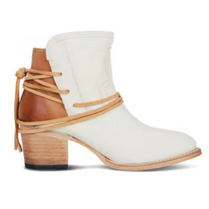 Women's western ankle boots with pointed toes, wraparound ties and block heels