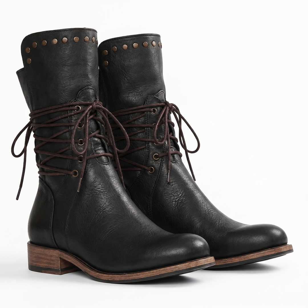 Women's lace-up mid-calf boots with stud trim, round toes and low block heels
