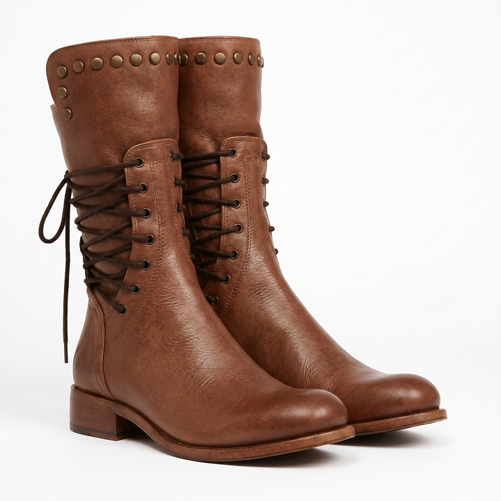 Women's lace-up mid-calf boots with stud trim, round toes and low block heels