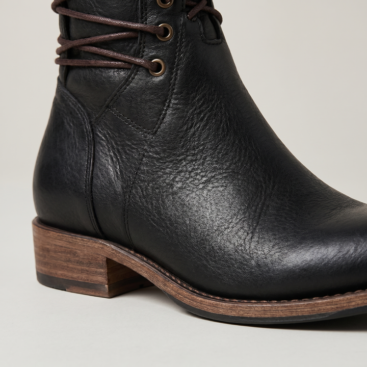 Women's lace-up mid-calf boots with stud trim, round toes and low block heels