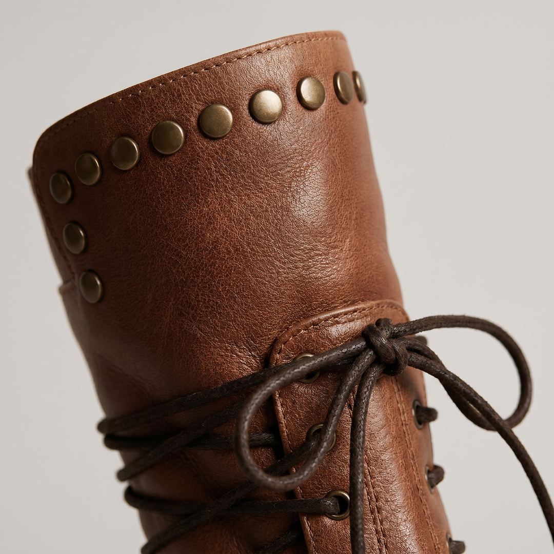 Women's lace-up mid-calf boots with stud trim, round toes and low block heels