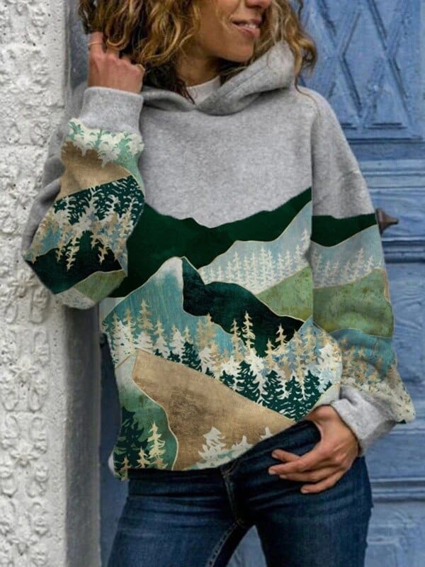 Women's hooded jumper with multicoloured woodland landscape print
