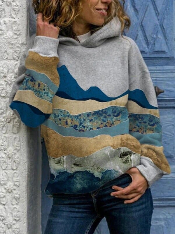Women's hooded jumper with multicoloured woodland landscape print
