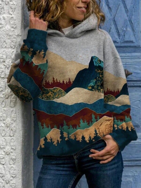 Women's hooded jumper with multicoloured woodland landscape print