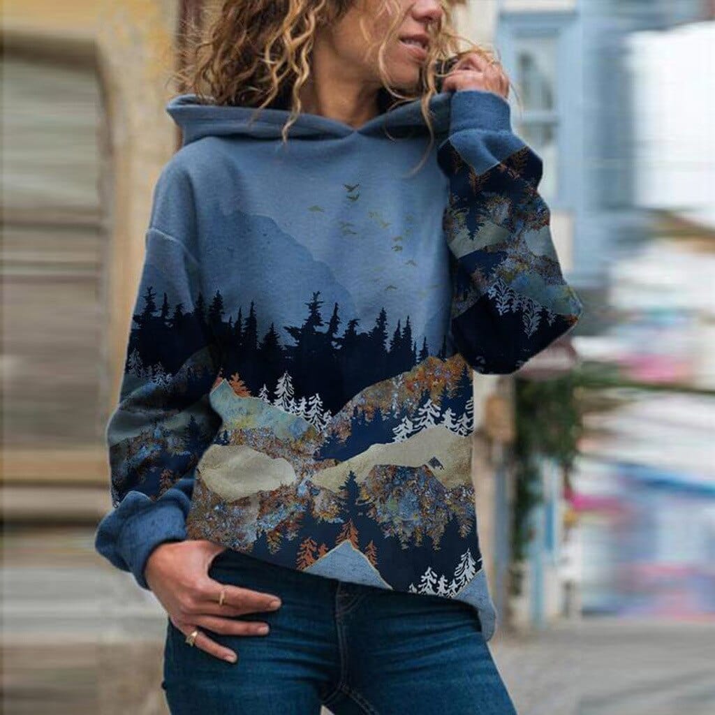 Women's hooded jumper with multicoloured woodland landscape print