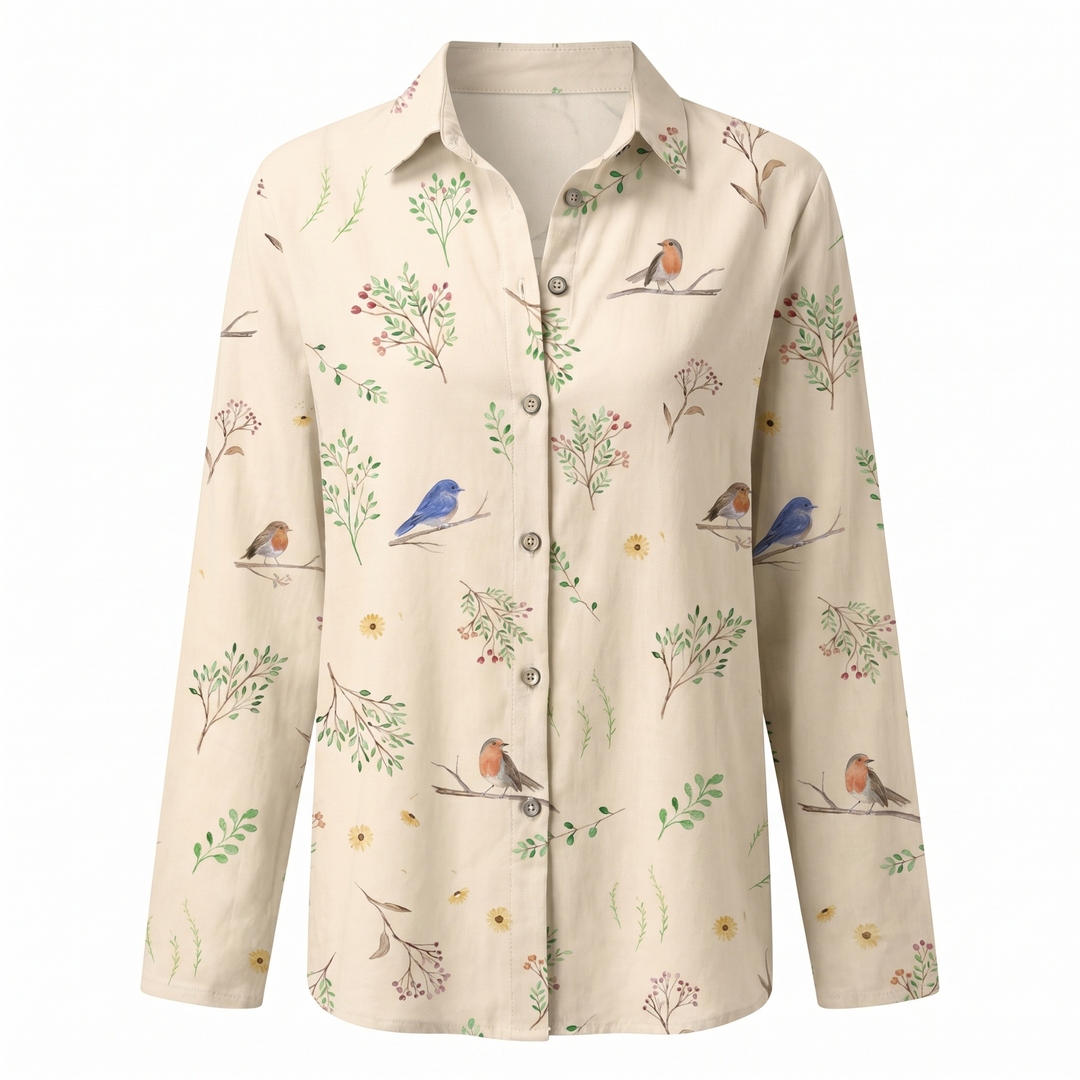 Women's Abstract Print Blouse — Split V-Neck Button-Front Roll-Up Sleeve Top