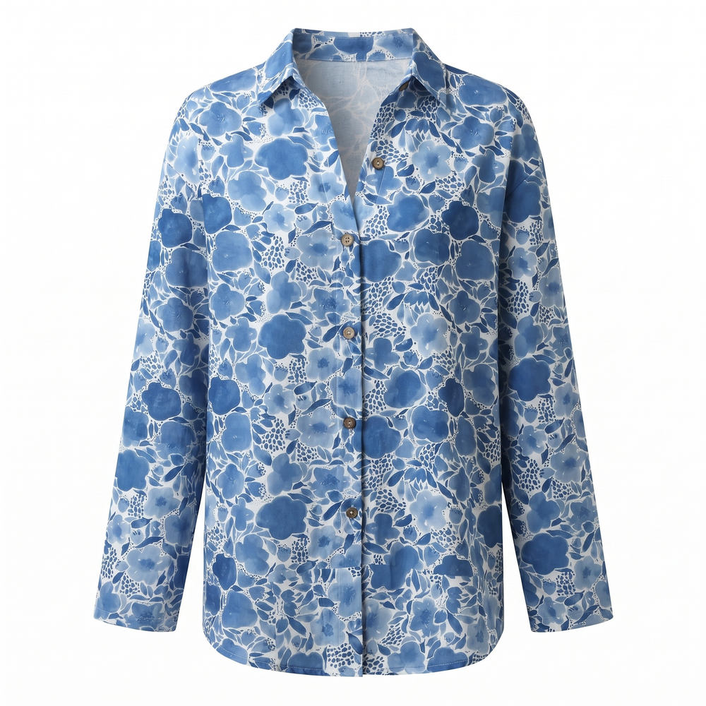 Women's Abstract Print Blouse — Split V-Neck Button-Front Roll-Up Sleeve Top