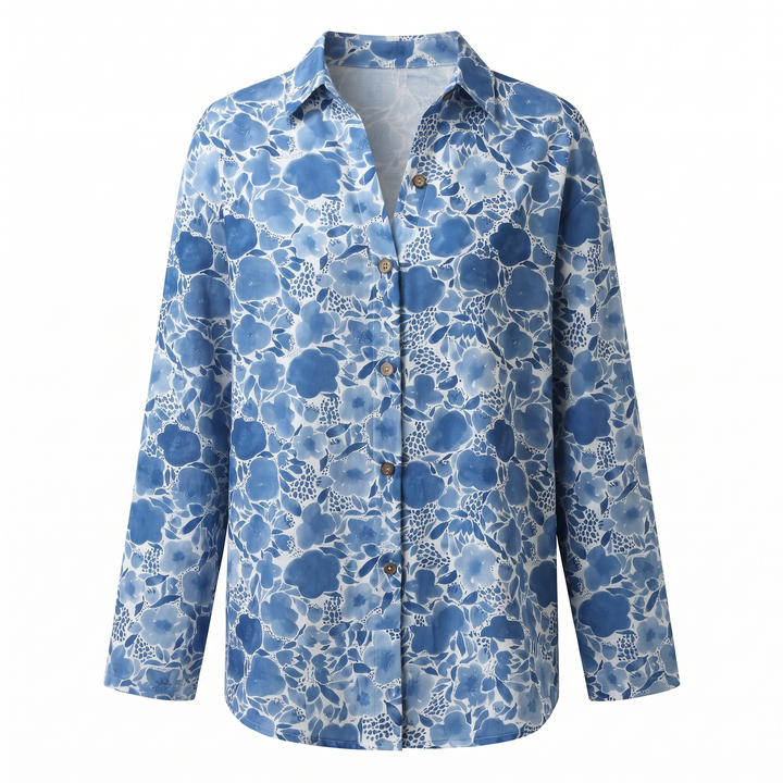 Women's Abstract Print Blouse — Split V-Neck Button-Front Roll-Up Sleeve Top