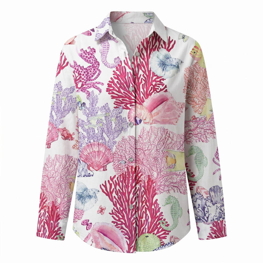 Women's Abstract Print Blouse — Split V-Neck Button-Front Roll-Up Sleeve Top