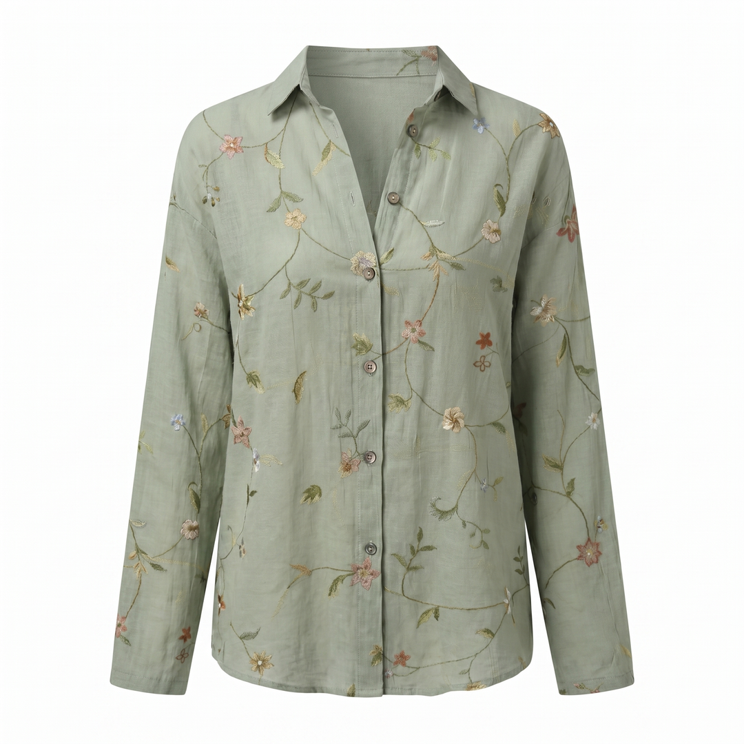 Women's Abstract Print Blouse — Split V-Neck Button-Front Roll-Up Sleeve Top
