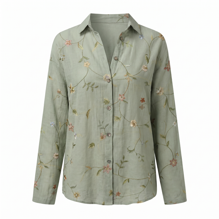 Women's Abstract Print Blouse — Split V-Neck Button-Front Roll-Up Sleeve Top