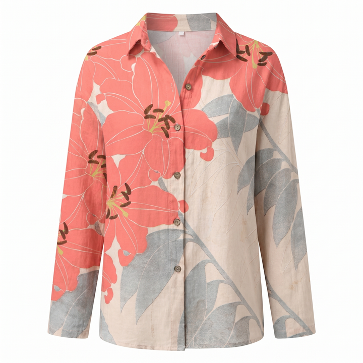 Women's Abstract Print Blouse — Split V-Neck Button-Front Roll-Up Sleeve Top