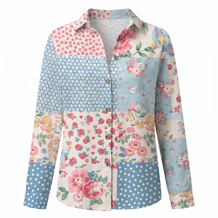 Women's Abstract Print Blouse — Split V-Neck Button-Front Roll-Up Sleeve Top