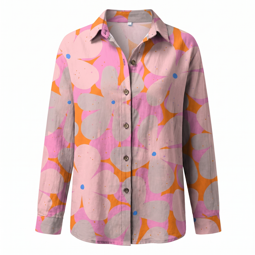 Women's Abstract Print Blouse — Split V-Neck Button-Front Roll-Up Sleeve Top